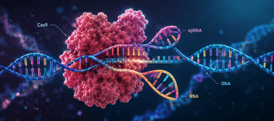CRISPR-Cas9, rehber RNA'nın hedef DNA'yı bulması ve Cas9 enziminin bölgede kesim yapmasıyla çalışan sistemdir.