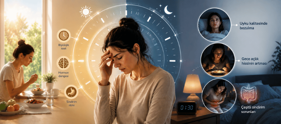 Metabolik jet lag  uyku kalitesinde bozulma, gece açlık hissinin artması, çeşitli sindirim sorunlarını beraberinde getirir.