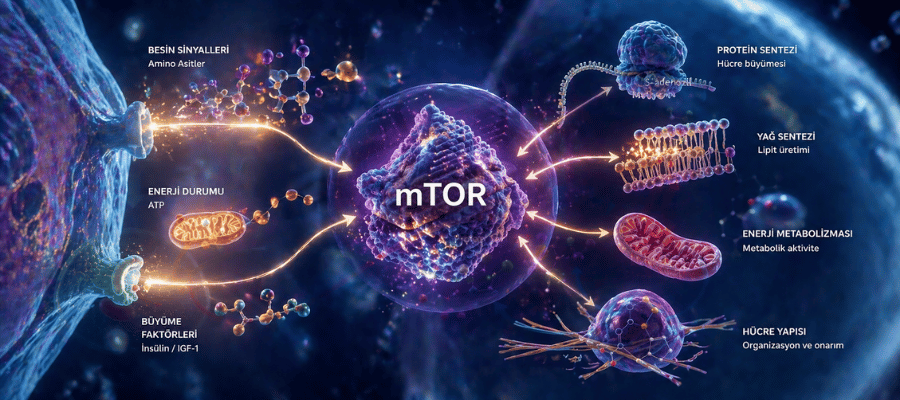 Enerji kısıtı ve açlık durumunda AMPK aktive olurken mTOR baskılanır; besin bolluğunda ise mTOR aktive olur, AMPK geri planda kalır.